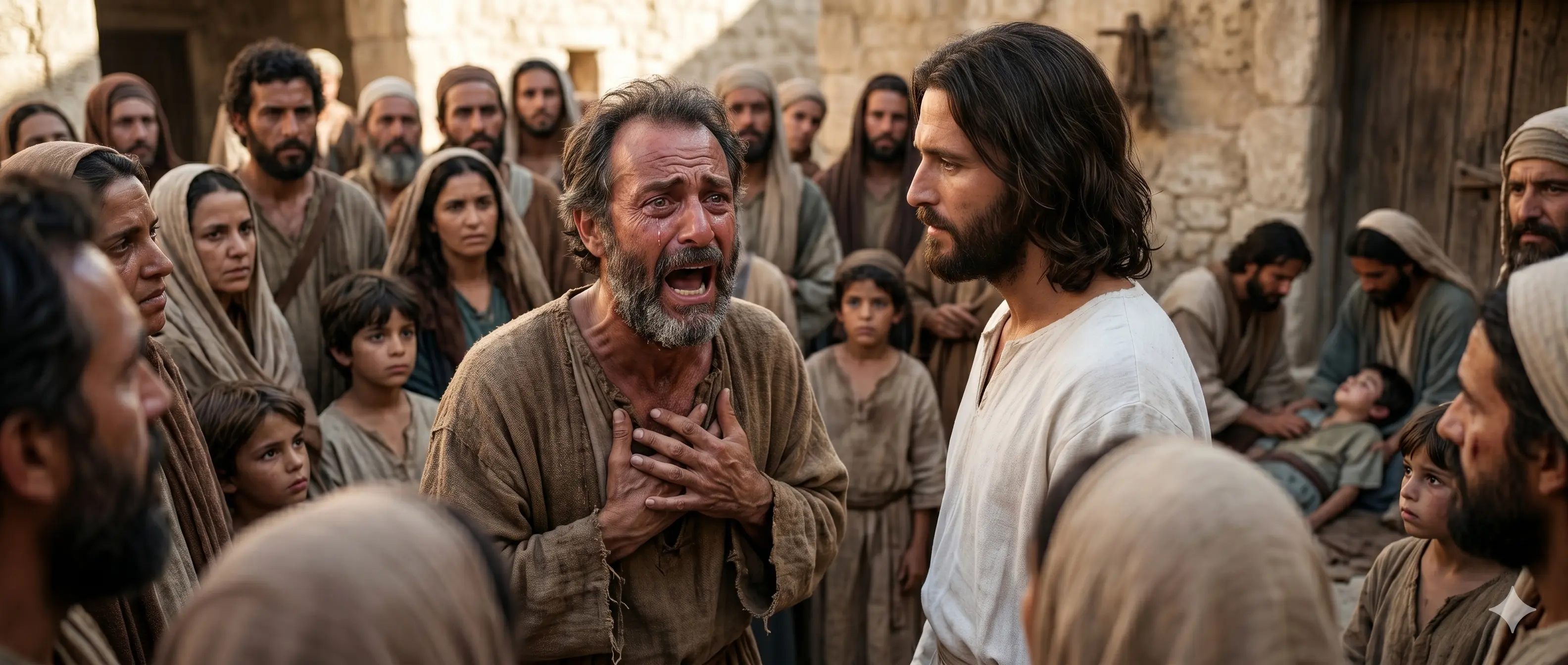 A distraught father crying out to Jesus, surrounded by a crowd, as his son lies on the ground behind them
